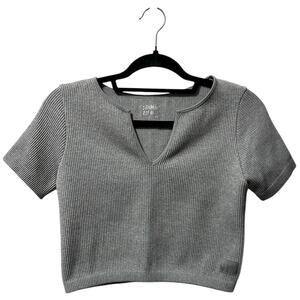 Sommer Ray Gray Ribbed Split Neck Short Sleeve Crop Top Women's S Casual Neutral